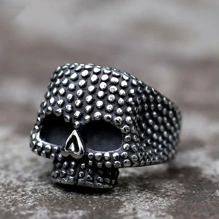 Retro Dot‑Embossed Skull Gothic Biker Statement Ring