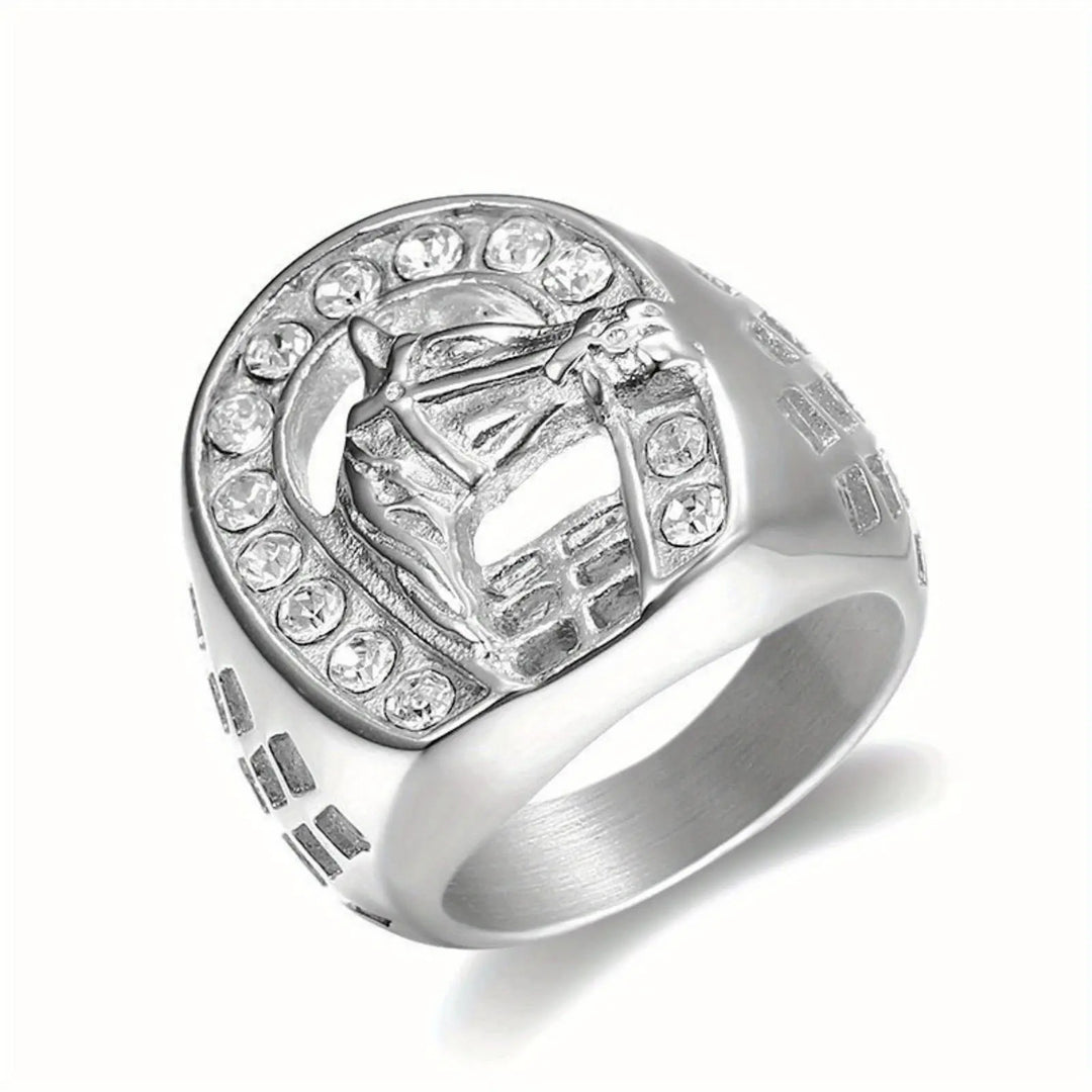 Horse Head Horseshoe Crystal Western Signet Ring