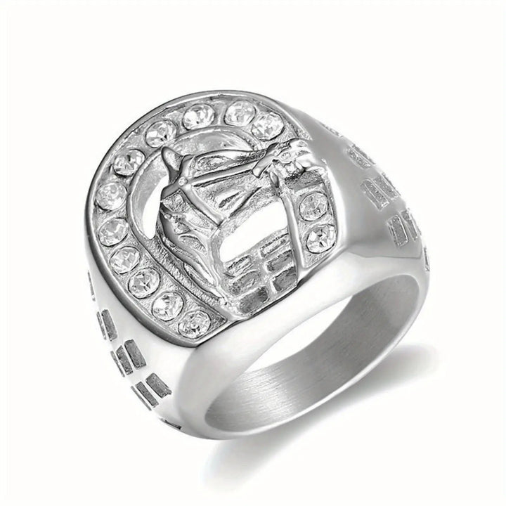 Horse Head Horseshoe Crystal Western Signet Ring