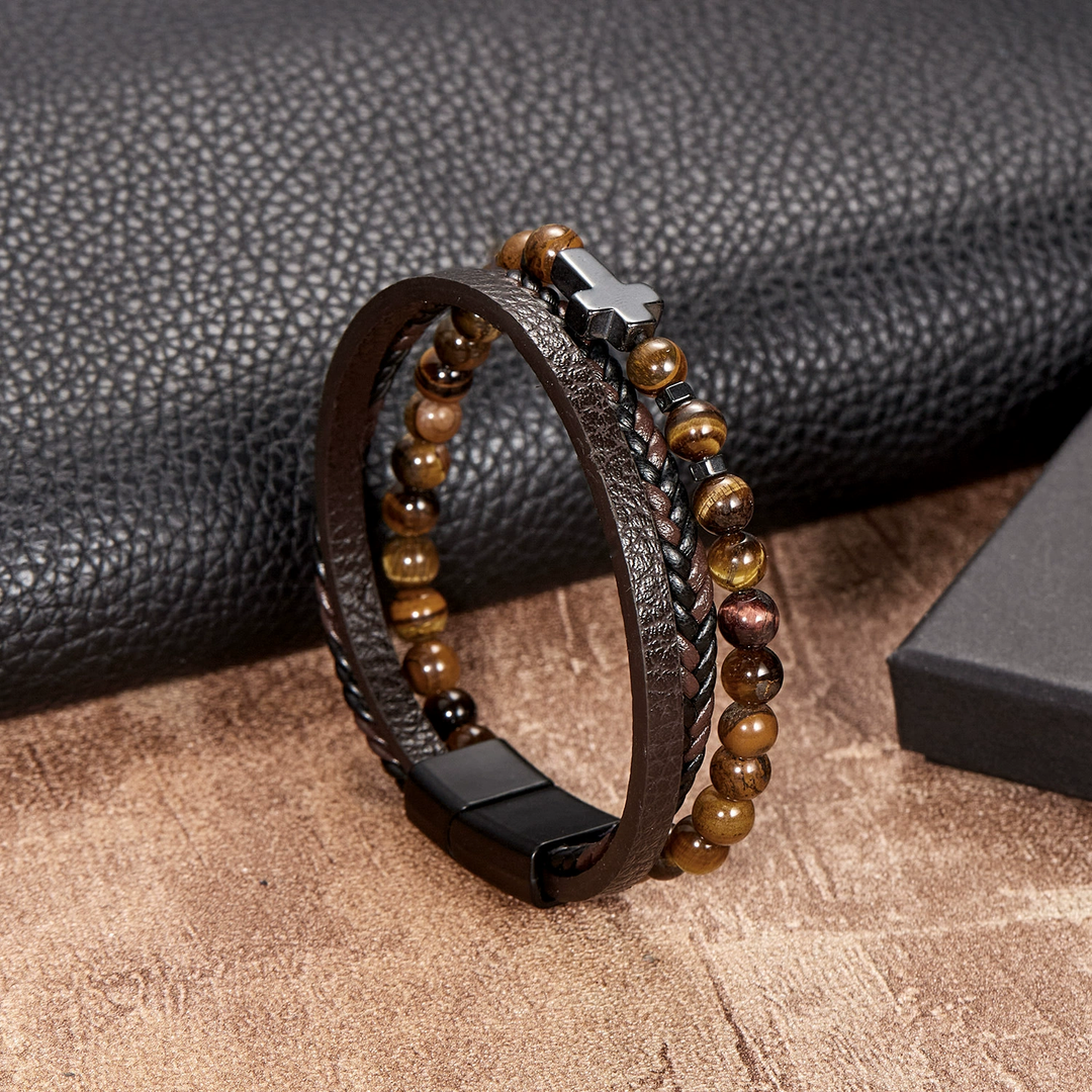Religious Cross Beaded Stone Multi Layer Leather Wristband
