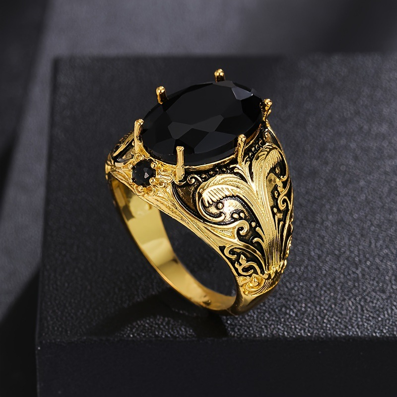 Vintage Engraved Gold Tone Oval Black Gem Statement Ring