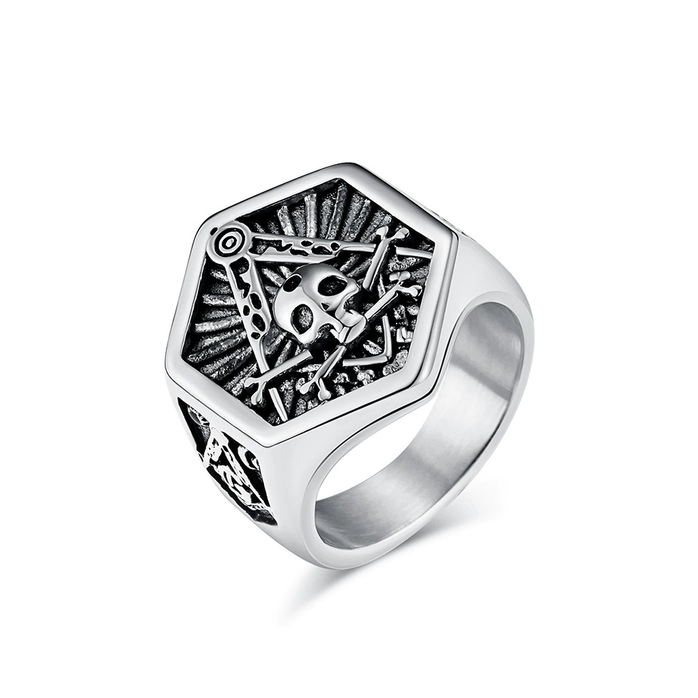 Hexagonal signet ring with skull motif