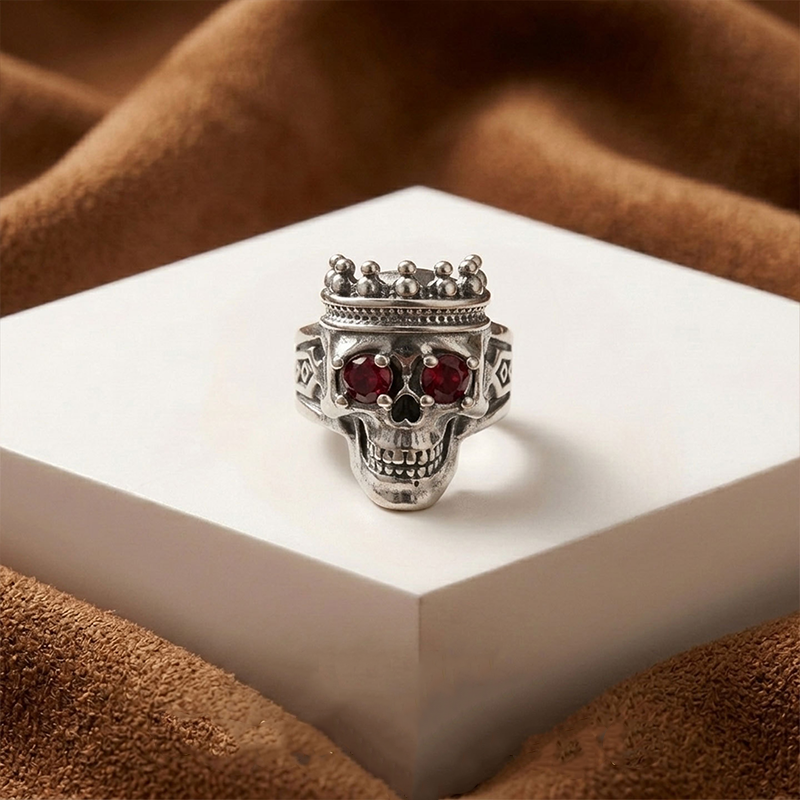 Silver skull crown ring with cubic zirconia