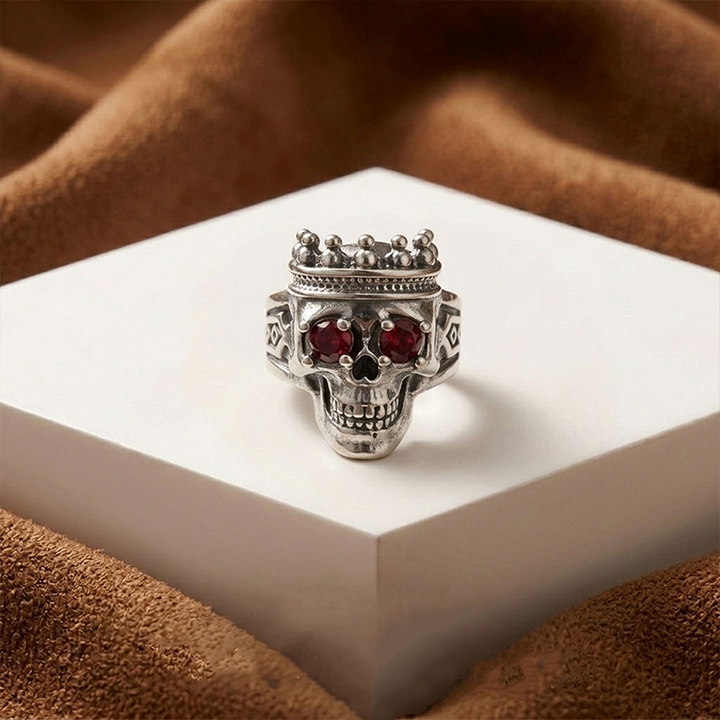 Silver skull crown ring with cubic zirconia