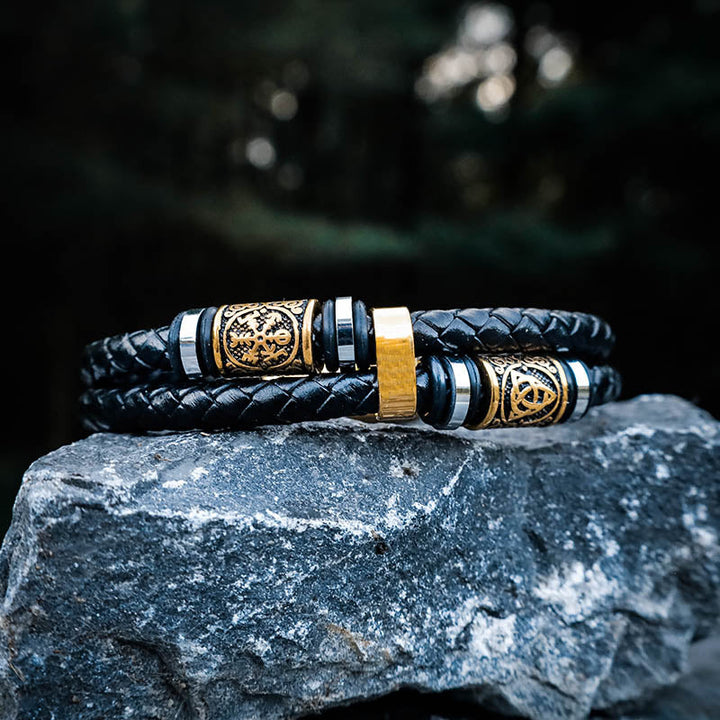 Nordic Viking Symbol Braided Leather Men Bracelet