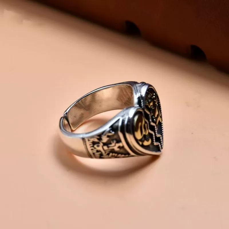 Two-Tone Split Heart Skull &amp; Woman Gothic Adjustable Ring