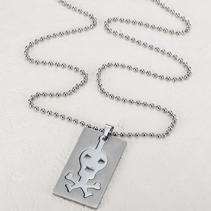 Skull Crossbones Dog Tag Ball Chain Necklace