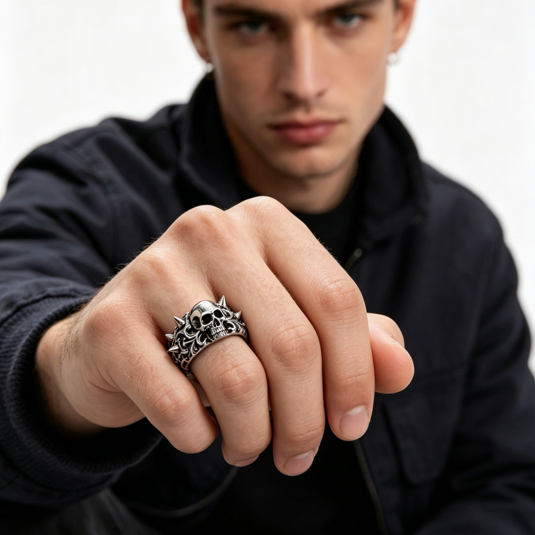 Retro Spiked Skull Gothic Adjustable Biker Ring
