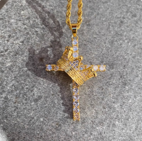 Full Diamond Crown Cross Pendant Necklace