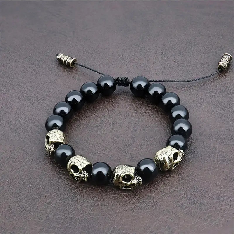 Black Onyx Beaded Skull Bracelet