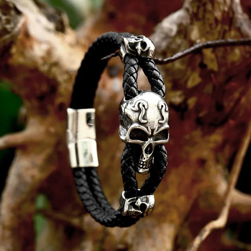 Biker Three Skull Accent Braided Slip On Wrist Band