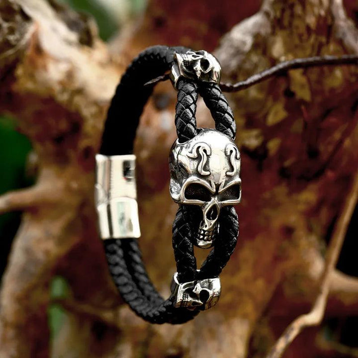 Biker Three Skull Accent Braided Slip On Wrist Band