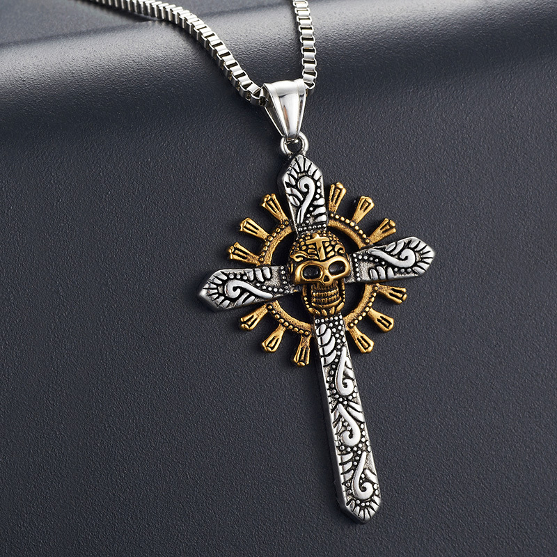 Vintage Skull Cross Pendant Necklace Stainless Steel