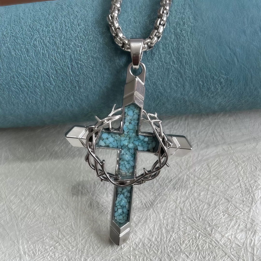 Crown of Thorns Turquoise Inlay Cross Pendant Necklace
