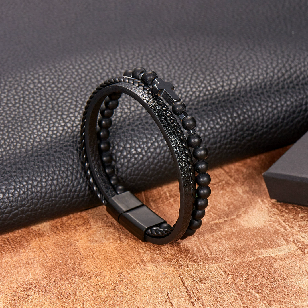 Religious Cross Beaded Stone Multi Layer Leather Wristband
