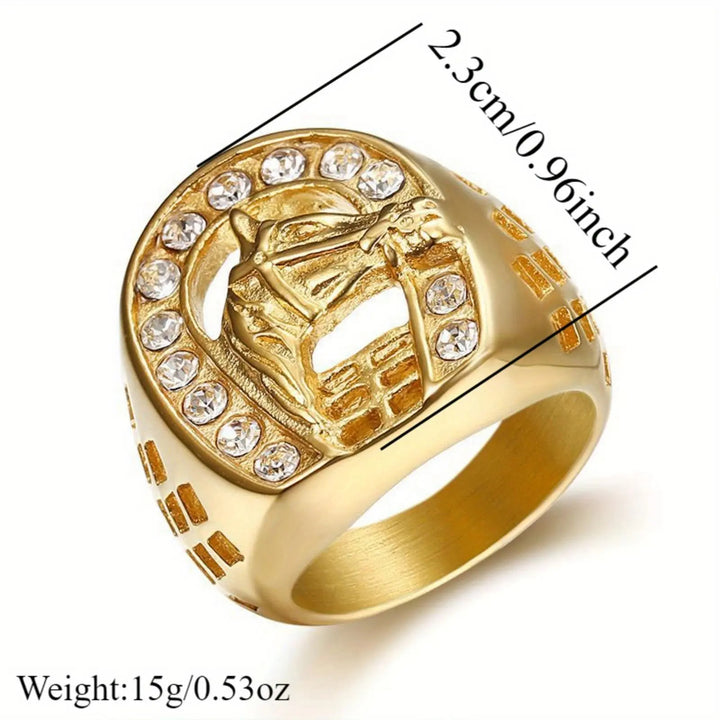 Horse Head Horseshoe Crystal Western Signet Ring