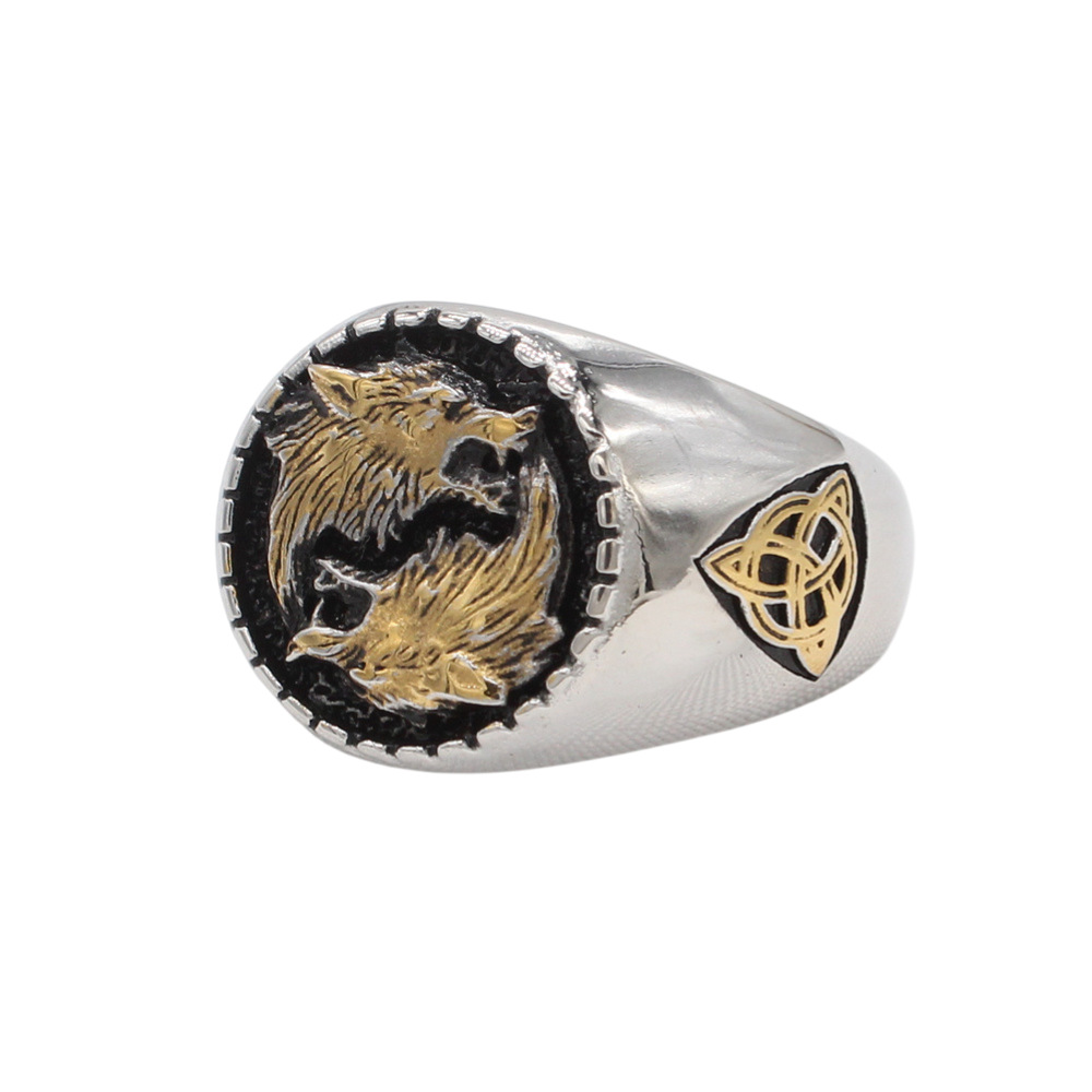Celtic Twin Wolves Biker Signet Ring