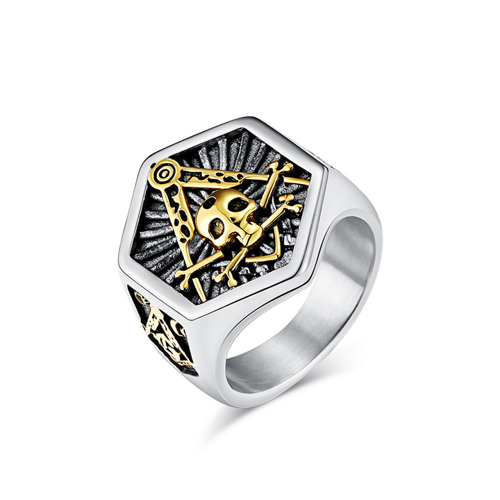 Hexagonal signet ring with skull motif