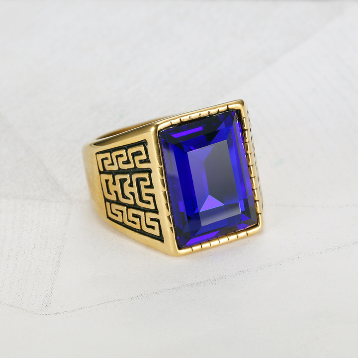 Vintage Engraved Square Crystal Men Statement Ring