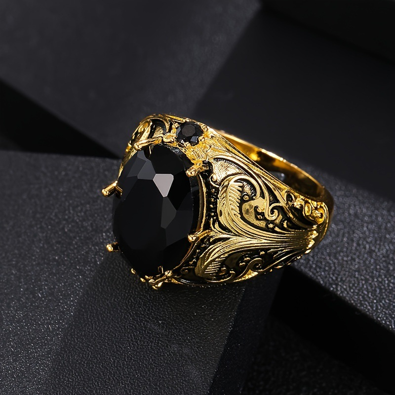 Vintage Engraved Gold Tone Oval Black Gem Statement Ring