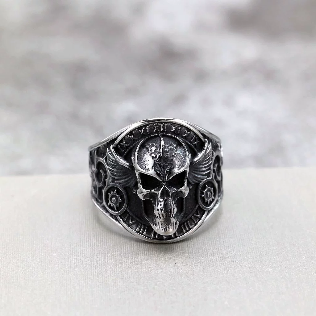 Retro Winged Skull Roman Numeral Biker Ring