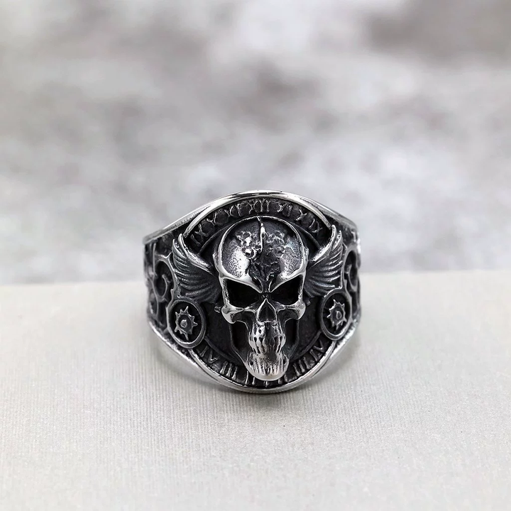 Retro Winged Skull Roman Numeral Biker Ring