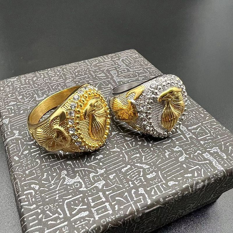 Embossed Eagle Head Crystal Border Men Signet Ring