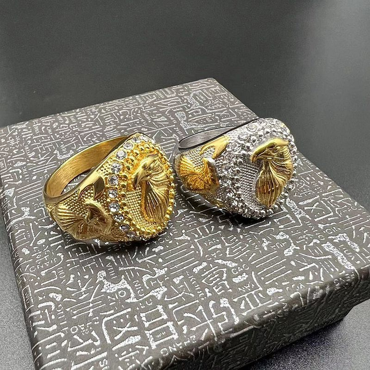 Embossed Eagle Head Crystal Border Men Signet Ring