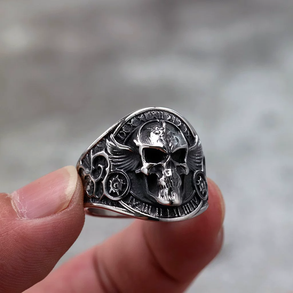Retro Winged Skull Roman Numeral Biker Ring