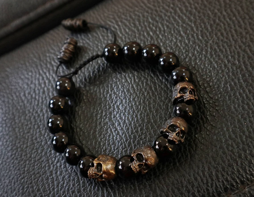 Black Onyx Beaded Skull Bracelet