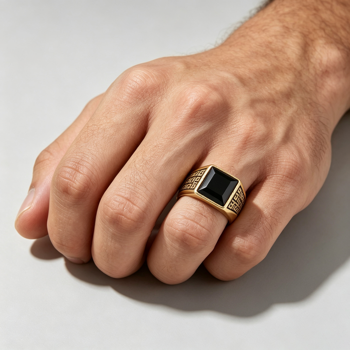 Vintage Engraved Square Crystal Men Statement Ring