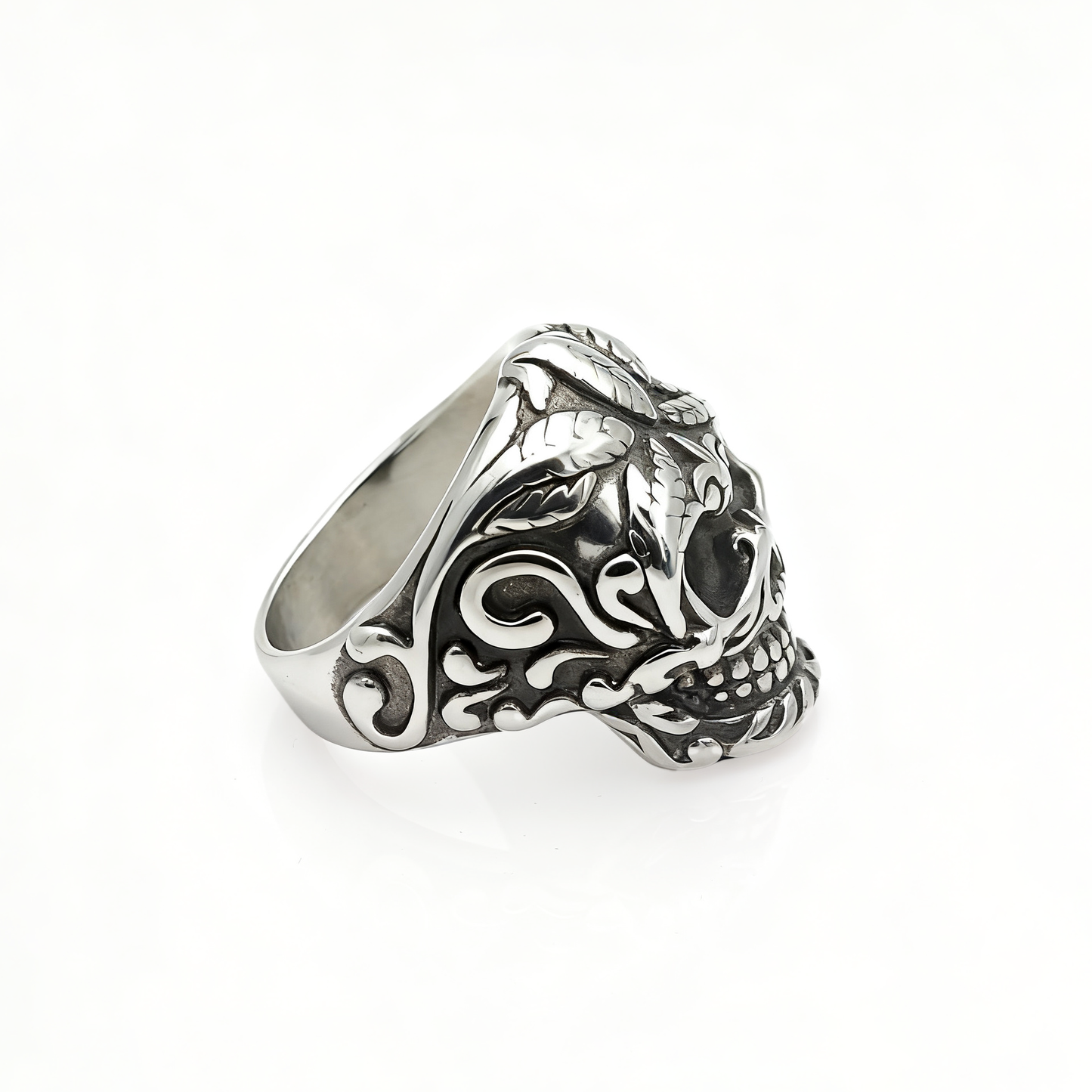 Carved floral skull vintage ring