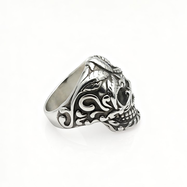 Carved floral skull vintage ring