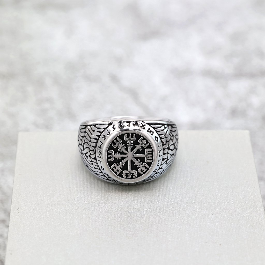 Vintage Viking Compass Rune Signet Ring for Men