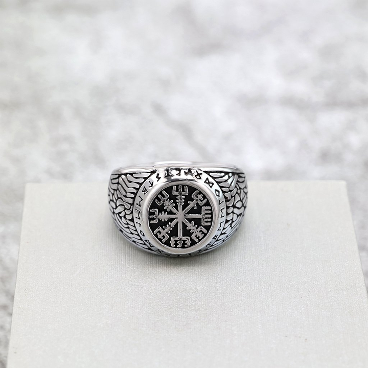 Vintage Viking Compass Rune Signet Ring for Men