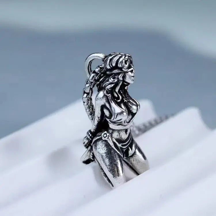 Retro Silver Tone Blindfolded Girl Sculpted Pendant Necklace