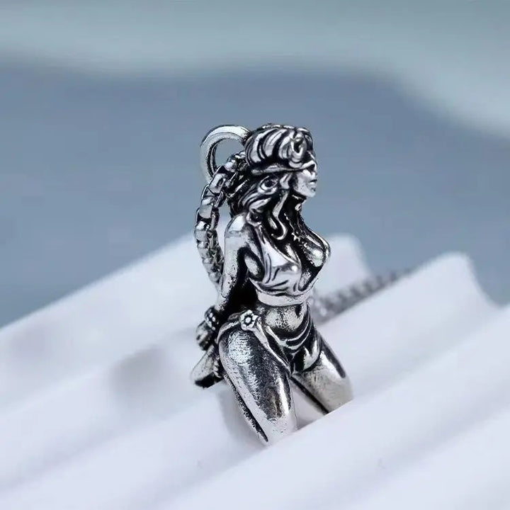Retro Silver Tone Blindfolded Girl Sculpted Pendant Necklace