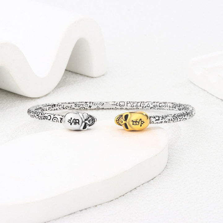 Dual Skull Open Cuff Bangle Bracelet