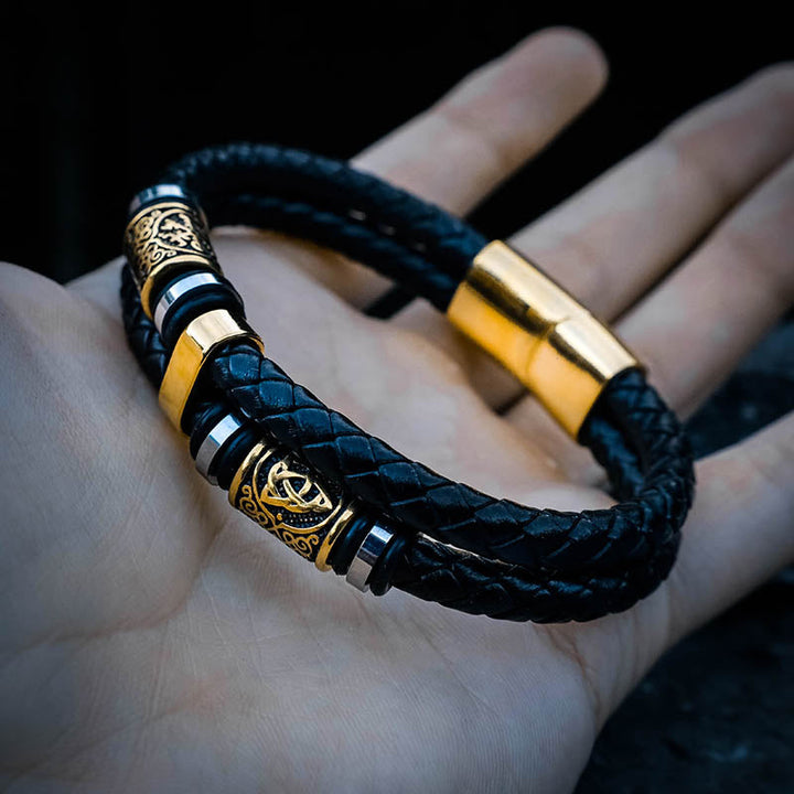 Nordic Viking Symbol Braided Leather Men Bracelet