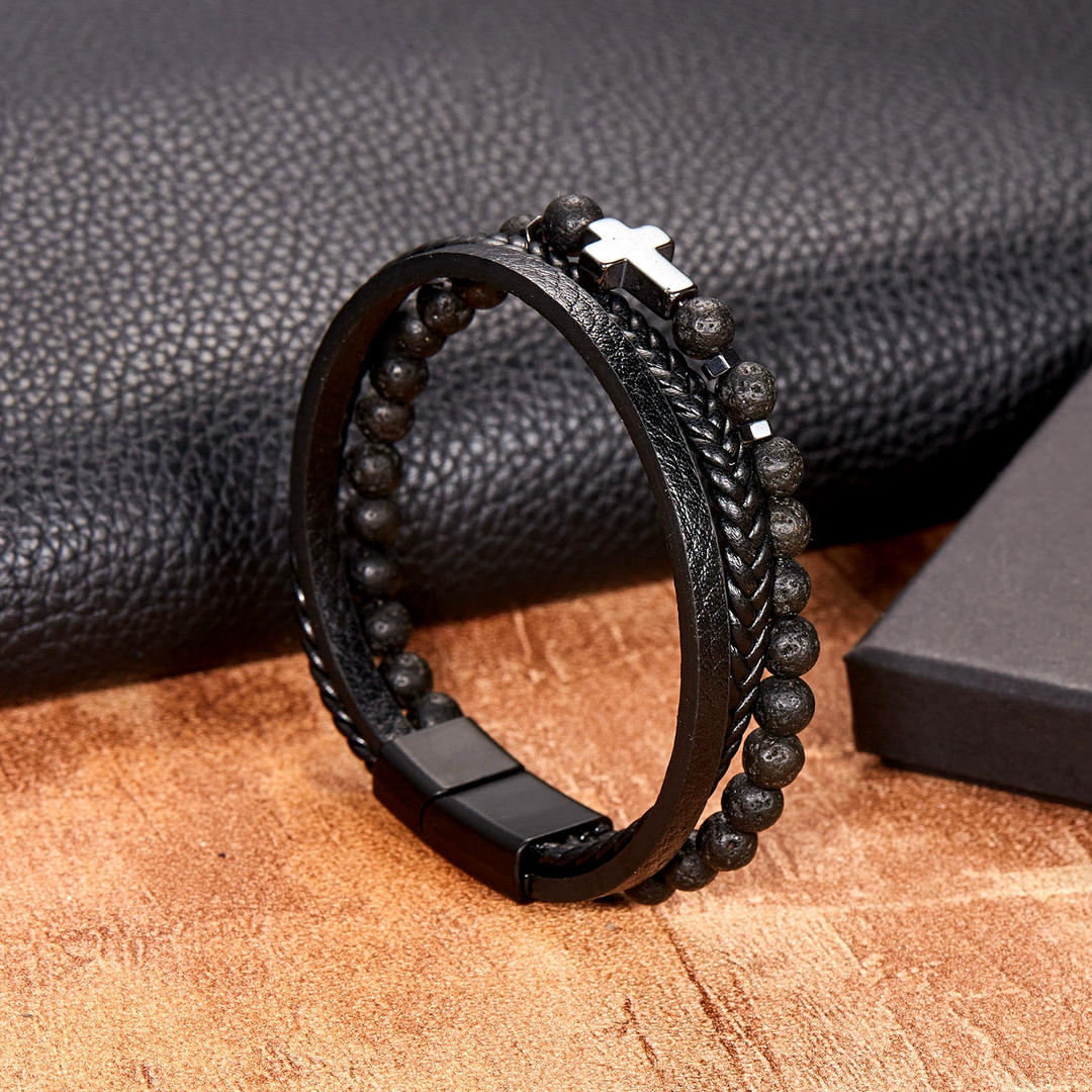 Religious Cross Beaded Stone Multi Layer Leather Wristband