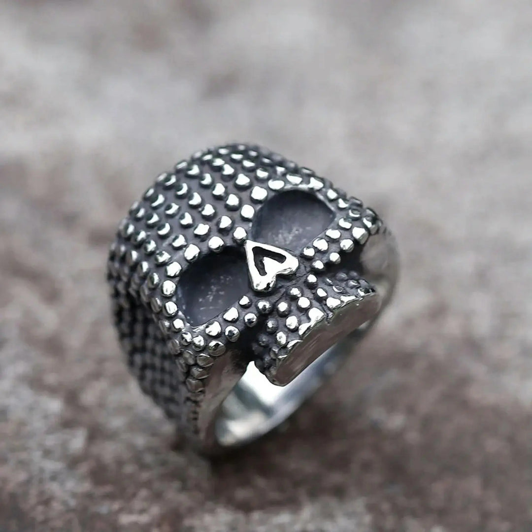 Retro Dot‑Embossed Skull Gothic Biker Statement Ring