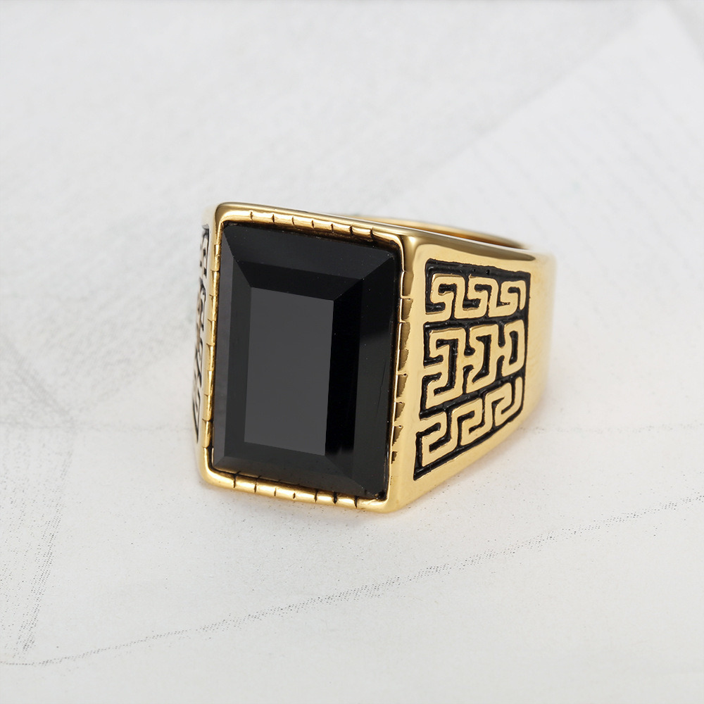 Vintage Engraved Square Crystal Men Statement Ring