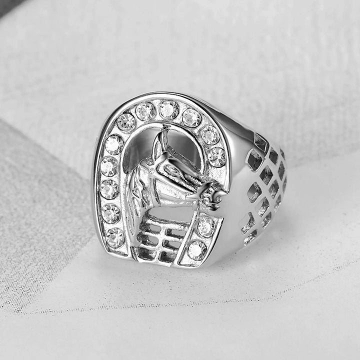 Horse Head Horseshoe Crystal Western Signet Ring