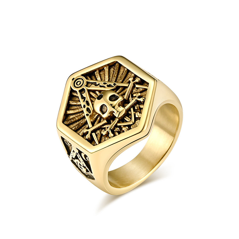 Hexagonal signet ring with skull motif