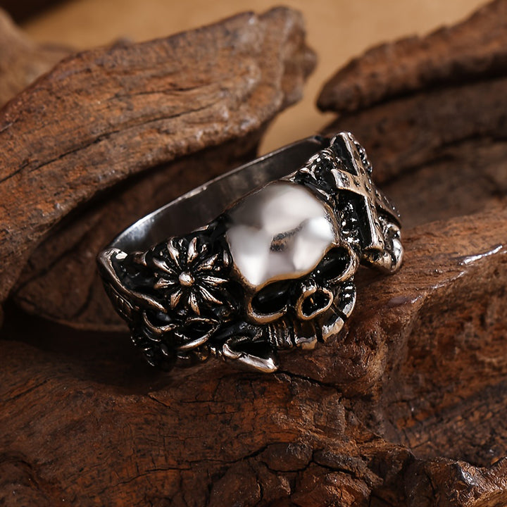 Gothic Skull Cross Floral Vintage Dark Punk Statement Band Ring