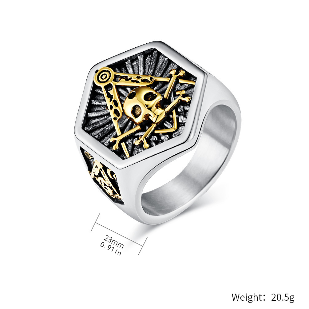 Hexagonal signet ring with skull motif
