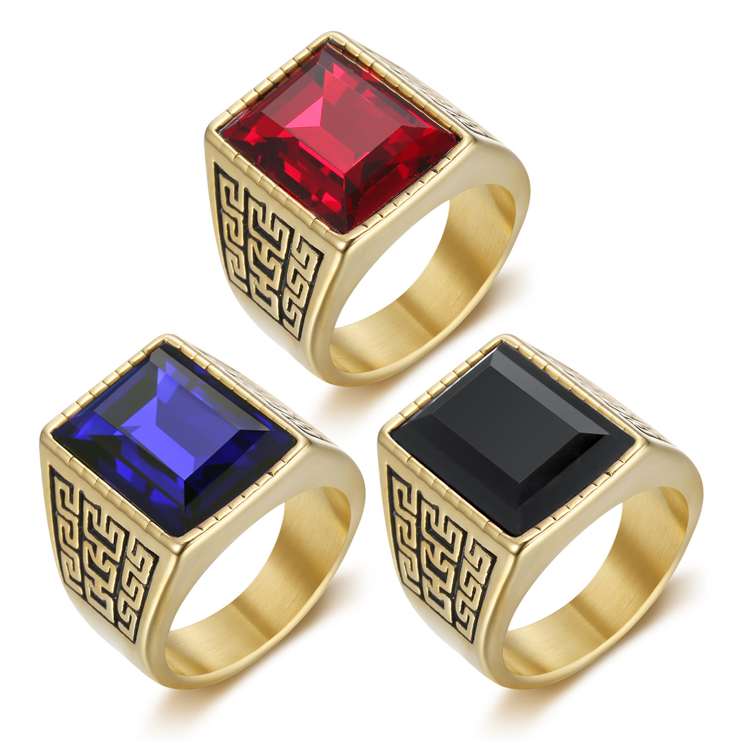 Vintage Engraved Square Crystal Men Statement Ring