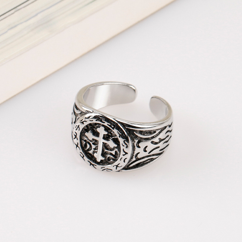 Vintage Cross Rune Engraved Adjustable Open Ring