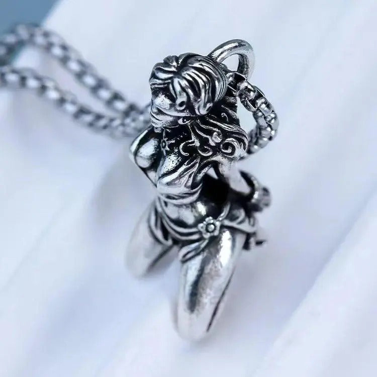 Retro Silver Tone Blindfolded Girl Sculpted Pendant Necklace