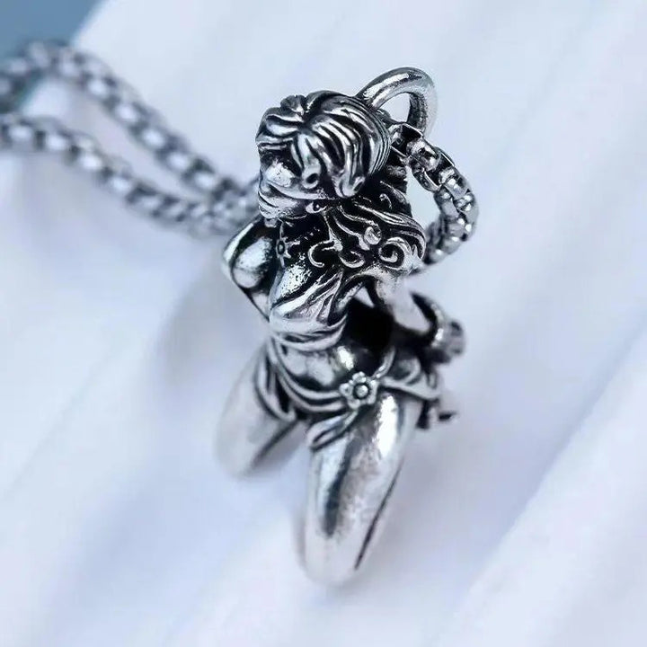 Retro Silver Tone Blindfolded Girl Sculpted Pendant Necklace